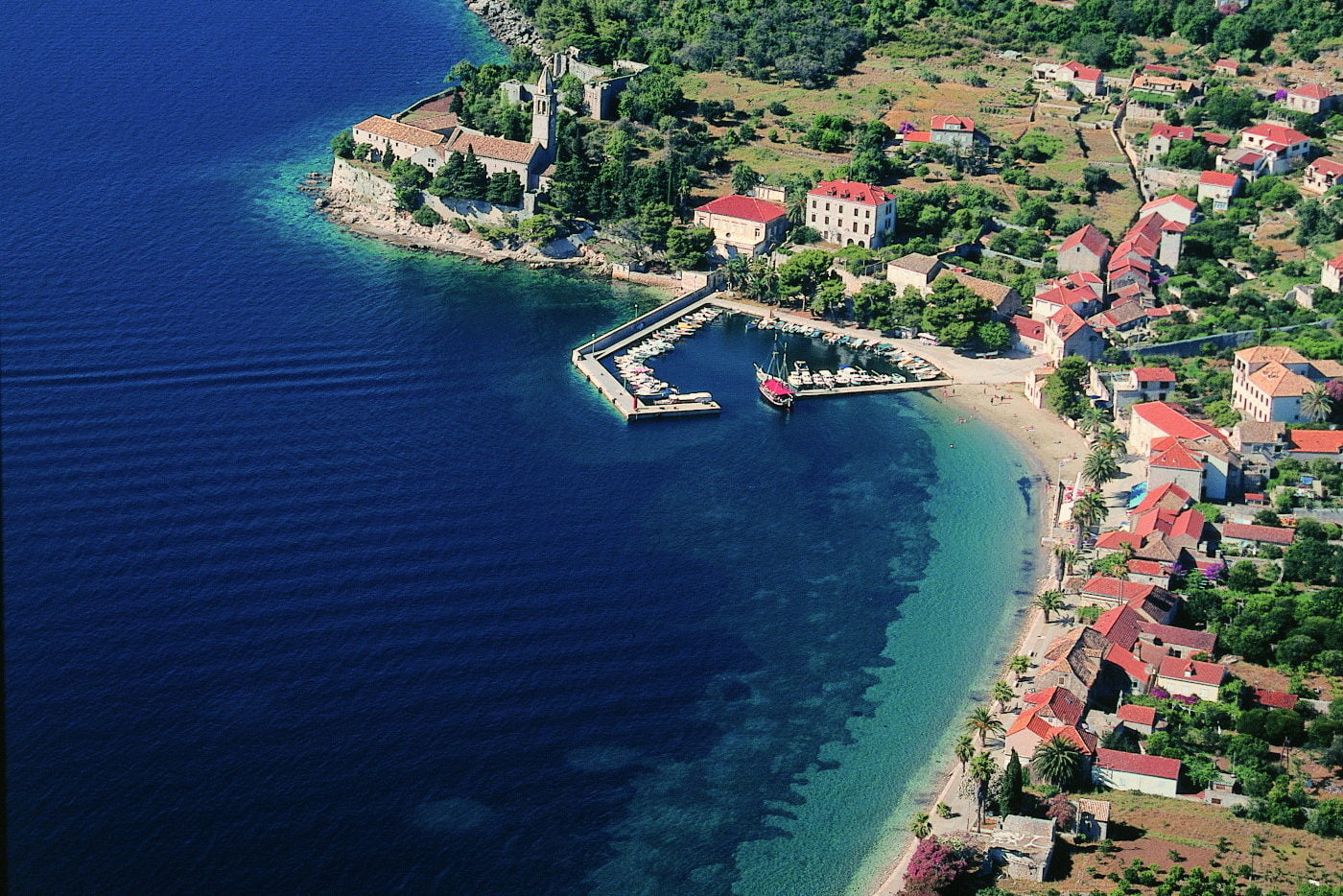 The Sandy beaches of Lopud Island. main island port depicted on the photo.